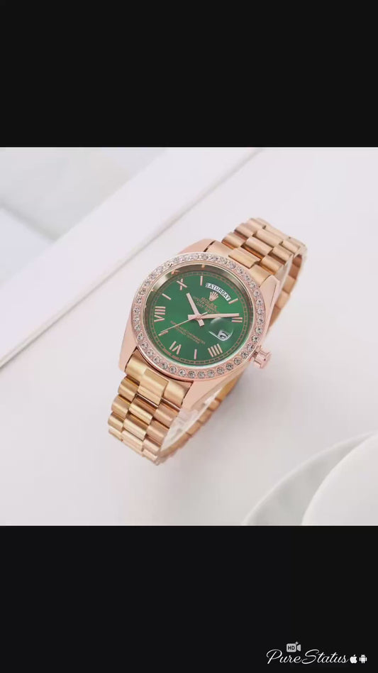 Role_x Rose Gold Green Dial Diamond Watch